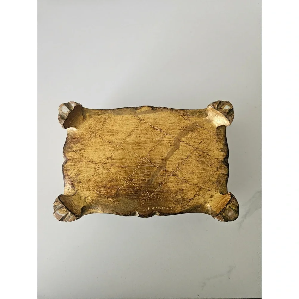 Florentine Jewelry Box Women OS Turquoise Gold Good Italian Wood Gilt Footed VTG - Picture 8 of 8